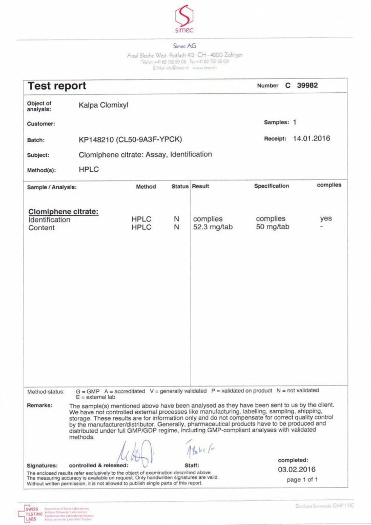 clomixyl lab test report