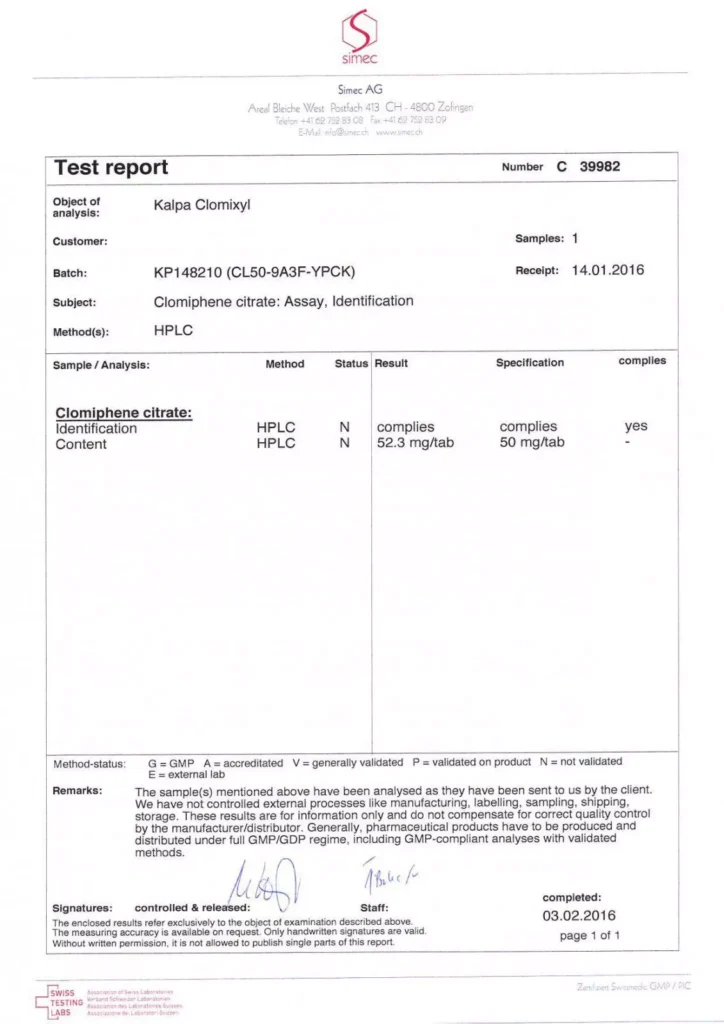 clomixyl lab test report