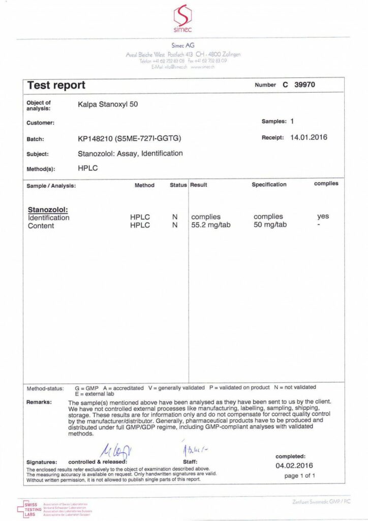 stanoxyl 50 lab test report