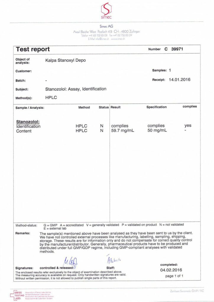 stanoxyl depot lab test report
