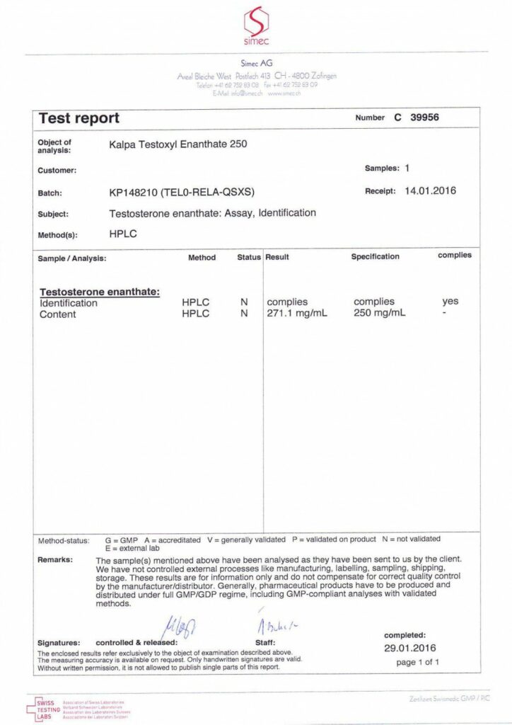 testoxyl enanthate 250 lab test report