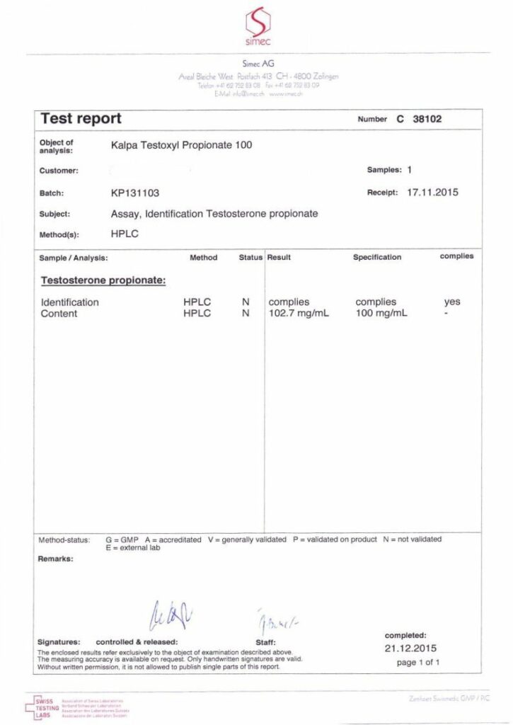 testoxyl propionate 100 lab test report