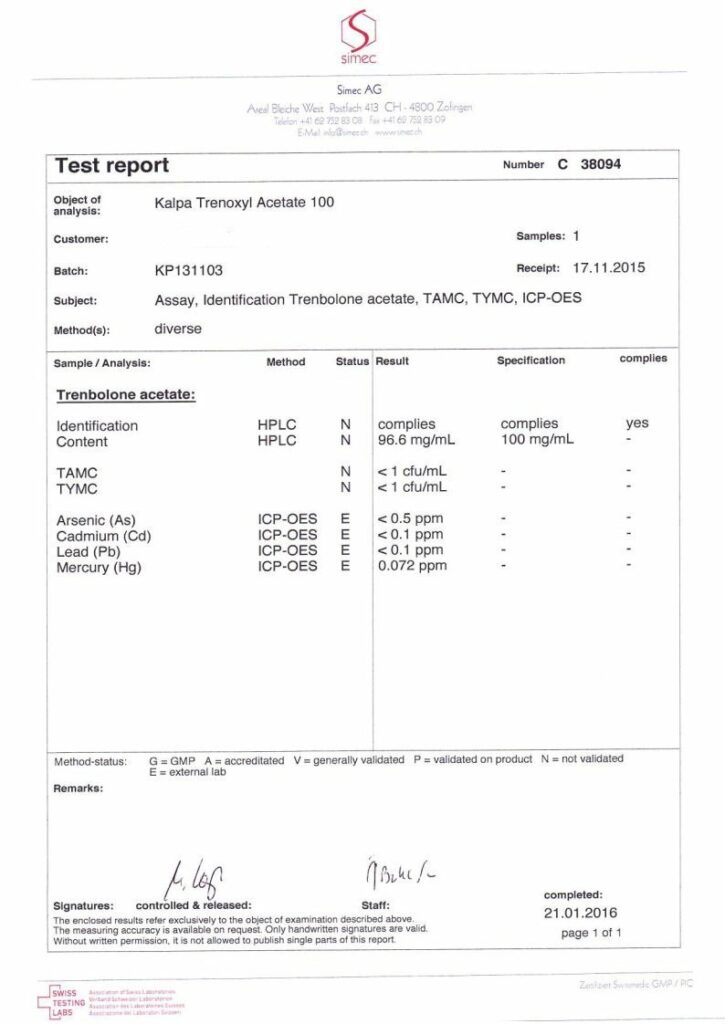 trenboxyl acetate 100 lab test report